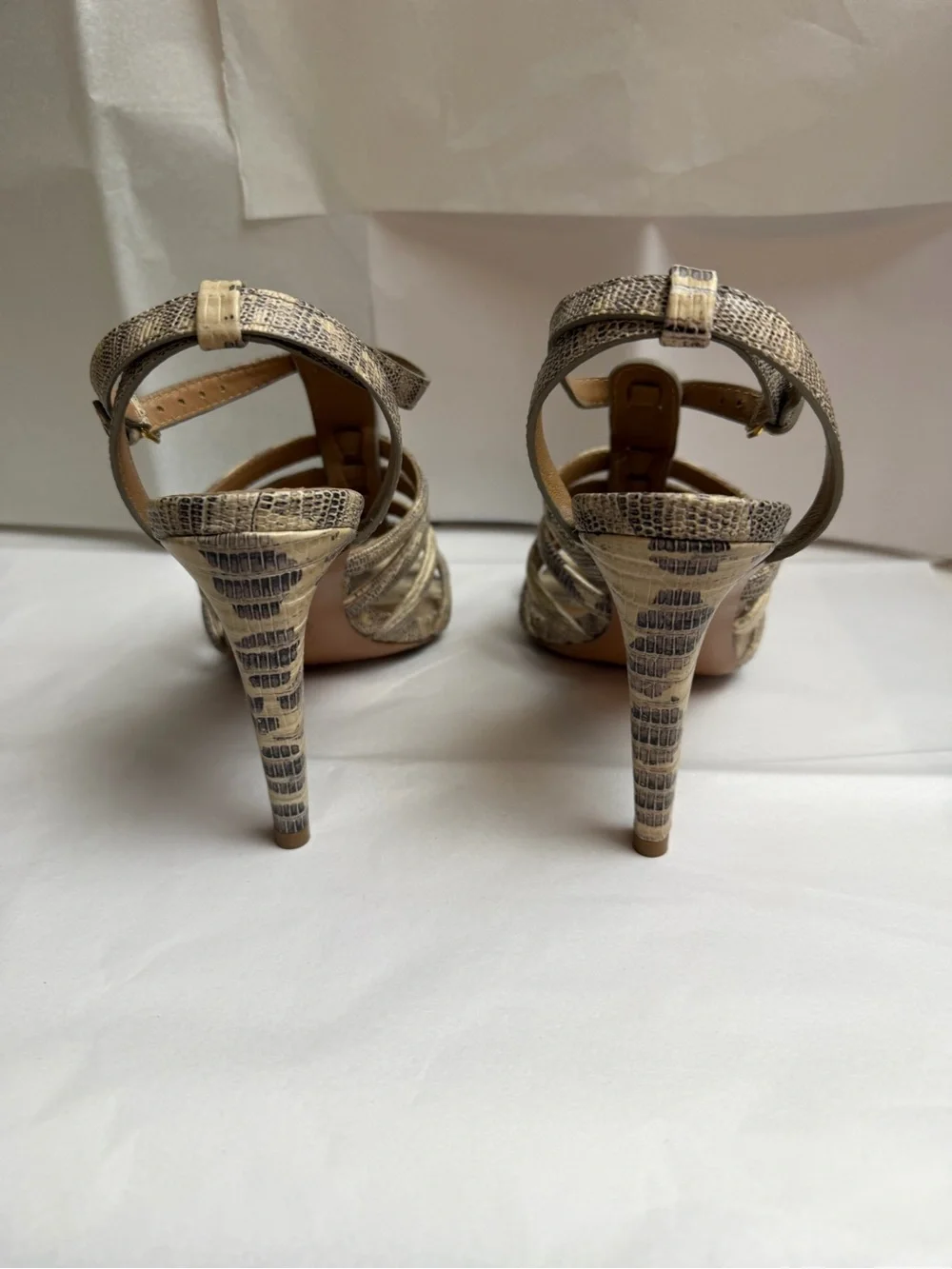Tory Burch Neutral Snake-Print Strappy Heels